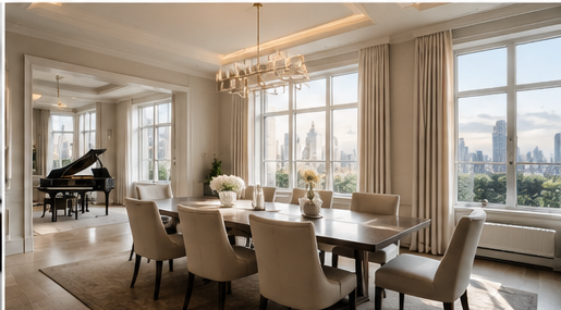 Prepared dining room with fresh flowers and natural light
