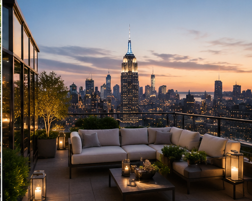 Private terrace at dusk with skyline beyond
