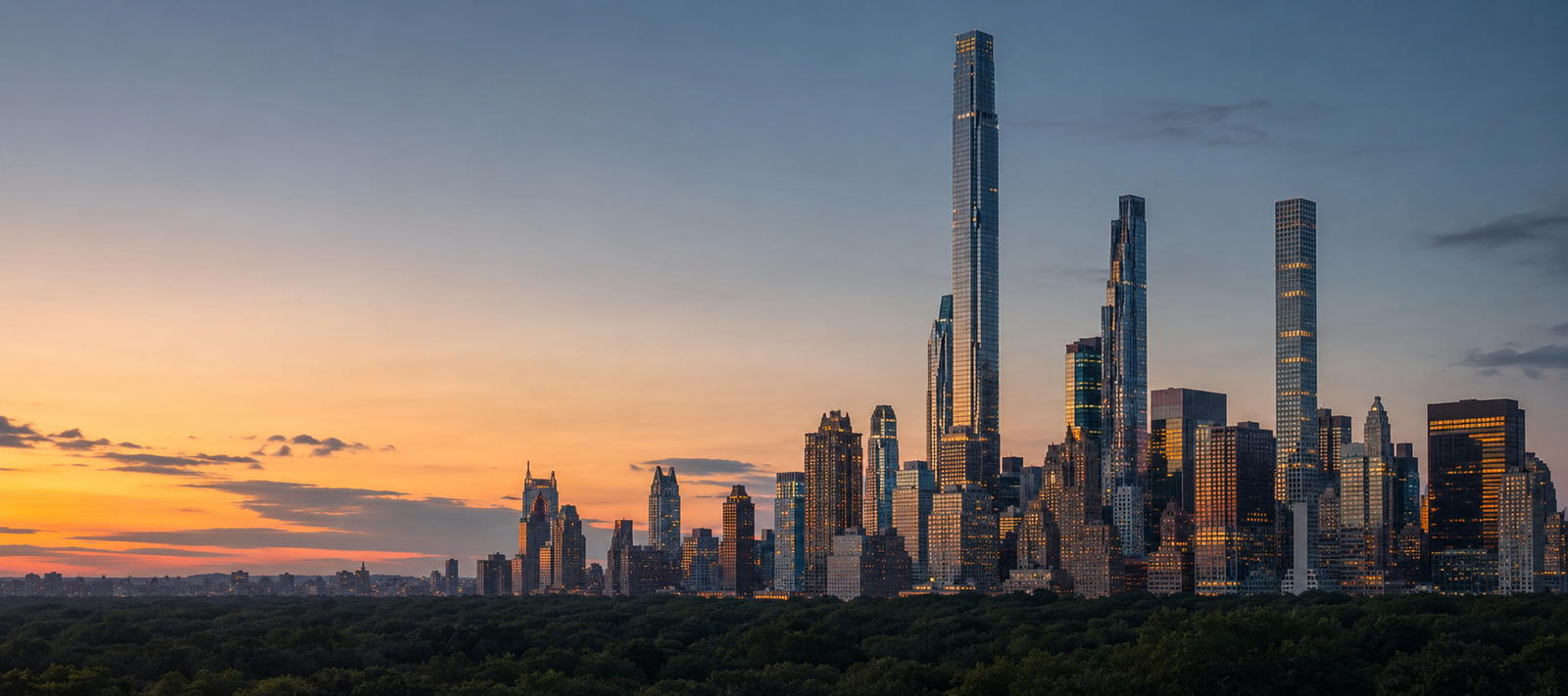 Manhattan skyline at blue hour with Central Park and Billionaires' Row